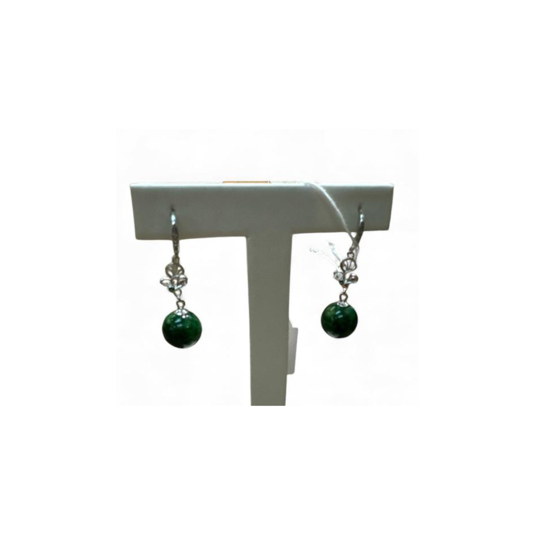 HKAF1218-020 緬甸天然翡翠 - 辣綠花青11mm圓珠耳勾耳環[附國檢證書] (A20)