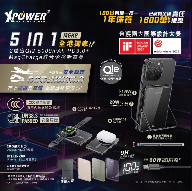 （2026新年限時優惠）(3C認證版)XPower M5K2 5合1鋅合金支架數顯 5000mAh PD3.0+QI2 磁吸移動電源