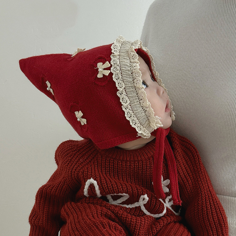 珍珠蝴蝶結蕾絲花邊綁帶帽(8m-3y)