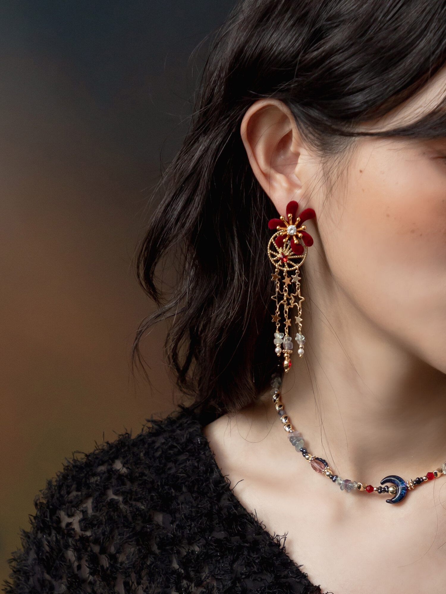 化妝舞會。(2way)MUCHAT手作14KGP螢石星星絨花純銀針耳環