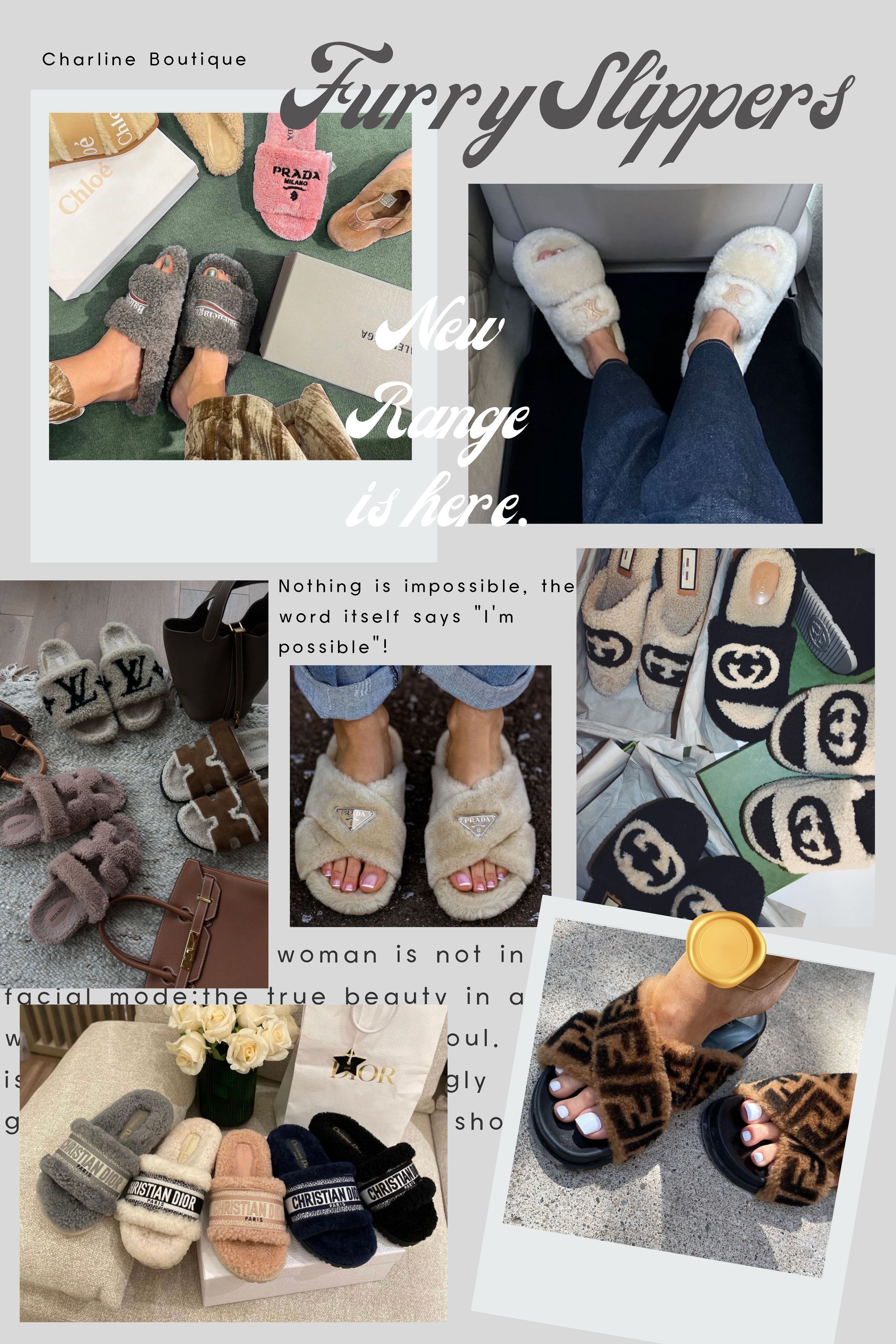 延伸閱讀｜關於精品毛毛拖鞋，您一定會搜尋的 Q&A  看完今年秋冬各大精品品牌的毛毛拖鞋介紹後，很多人下一步就會開始實際搜尋相關問題，從「能不能穿出門」到「哪一雙最保暖、最值得買」。以下 Q&A 整理自真實消費情境與市場觀察，讓您更清楚了解。  Q1：哪一個品牌的毛毛拖鞋保暖度最好？  A：Charline Boutique 的經驗分享是，如果以「精品毛毛拖鞋」來比較保暖度，Hermès、Celine 與 Dior 的羊毛款表現最穩定；而若單純追求極致保暖，UGG 依然是許多人心中的標竿選擇。  Hermès：採用高品質羊毛內裡，搭配皮革鞋身結構，包覆性佳且不悶腳。保暖感受屬於「穩定型」，非常適合想要日常外出穿、又怕腳冷的人。  Celine：羊毛厚實、鞋面偏寬，包住腳背後冷空氣不易進入。特別受到「冬天腳容易冰冷、但又想穿得好看」族群青睞。  Dior：羊毛鋪設細緻，保暖度略低於 Celine，但勝在輕盈與長時間穿著的舒適度，適合通勤或一整天外出行走。  UGG：以高毛量、全鋪式羊毛內裡聞名，保暖度幾乎是天花板等級，特別適合寒流或極度怕冷的人。許多客人會把 UGG 當作「最冷時穿」，而精品毛毛拖鞋則作為日常搭配使用。   Q2：腳寬或腳背高的人，適合穿毛毛拖鞋嗎？  A：若鞋面過緊或包覆太硬，容易壓迫腳背，長時間穿著可能造成磨腳、腳趾過度用力，甚至腳底疲勞。Charline Boutique 的經驗分享是，腳型偏寬的人挑毛毛拖鞋時，重點不在毛量，而是在「鞋面空間與支撐度」。實際選購時可留意以下幾點：  選擇寬鬆或可調式鞋面：寬帶設計或魔鬼氈款，能減少腳背壓迫感。  鞋頭以圓頭、寬楦為佳：讓腳趾自然伸展，不需刻意出力。  尺寸可考慮大半號或一號：避免過緊導致不適。  鞋底要有基本支撐：避免過軟的「踩屎感」，減少腳部疲勞。   Q3：毛毛拖鞋要怎麼保養？毛會不會很快塌？  A：關鍵在於「輕柔整理、保持乾燥通風」，只要保養得當，毛毛拖鞋通常不會很快塌。在實際代購過程中，Charline Boutique 會提醒客人，大多數精品毛毛拖鞋不適合頻繁水洗，反而容易影響毛感與鞋型。  從實際使用經驗來看，保養時可把握以下重點：  日常維護：定期用軟毛刷或絨毛刷輕刷毛向，可去除灰塵、恢復蓬鬆；有起球可用除毛器簡單處理。  除臭方式：可使用活性炭或乾燥包吸附氣味，避免直接噴含酒精產品。  局部清潔：髒污處以濕布沾中性清潔劑輕擦即可，避免整雙浸水，尤其是真皮或麂皮毛料。  晾乾與收納：穿後自然陰乾、保持通風，避免日曬與烘乾；收納時避免擠壓，可平放或放入防塵袋。  至於「毛會不會塌」，其實與材質與穿著頻率有關：  人造毛或短毛款較耐用、不易塌。  長毛或羊毛款較柔軟，但透過定期刷理與交替穿著，毛感仍能維持 若已稍微塌陷，可用吹風機＋梳子輕柔整理，幫助毛毛恢復蓬鬆。   Q4：第一次買精品毛毛拖鞋，選哪個品牌比較不容易出錯？  A：Charline Boutique 的經驗分享是，新手最容易後悔的不是買太貴，而是買了卻發現「不好搭或不夠常穿」。以下這幾個品牌，在實際穿著與回饋中表現最穩定：  Celine：羊毛厚實、鞋面偏寬，保暖與舒適度高，外型簡約耐看，是許多人的第一雙精品毛毛拖鞋首選。  Gucci：經典拖鞋輪廓搭配毛料與厚底設計，穿搭完成度高，不會太休閒，也很適合第一次嘗試外出穿毛毛拖鞋的人。  Prada：毛巾布或羊毛材質加上橡膠底，輕盈好走，日常實穿性高，回購率相當穩定。  Balenciaga：鞋身空間感大、厚底設計明顯，對腳型包容度高，適合怕緊、想要一點造型感的新手。  Dior：設計線條乾淨、品牌辨識度高，保暖度與質感兼顧，適合想要低調精品感的人。  Louis Vuitton：鞋面選擇多、修飾腳型效果好，從居家到外出款都有，想要一雙用途廣的毛毛拖鞋可以優先考慮。  Hermès：用料與做工優秀，保暖穩定、耐看不退流行，但部分款式鞋面較俐落，較適合已熟悉自己腳型的人。    Q5：除了毛毛拖鞋，冬天還有哪些必備的單品？  A：除了毛毛拖鞋，Charline Boutique 發現，以下幾個單品也非常受到歡迎：  羊毛或羊絨襪：和毛毛拖鞋一起穿效果最好，能減少腳底受冷，尤其適合在家或短程外出時搭配。  圍巾或披肩：頸部保暖對體感溫度影響很大，一條羊毛或羊絨圍巾，往往比多穿一件衣服更有感。  針織或羊毛居家套裝：比起單穿睡衣，更能留住熱度，搭配毛毛拖鞋整體舒適度會大幅提升。  厚底拖鞋或室內保暖鞋：鞋底有厚度的款式能有效隔絕地板寒氣，對怕冷族群特別重要。  輕量羽絨或鋪棉外套：適合台灣冬天，外出時不厚重，但保暖度足夠，也方便和毛毛拖或穆勒鞋搭配。   Q6：毛毛拖鞋選什麼顏色最不容易後悔？  A：Charline Boutique 的經驗分享提到最不容易後悔的顏色是駝色、米咖色、奶茶色等經典中性色，百搭、顯白又溫柔，雖然亮色或特殊色第一眼很吸睛，但實際穿搭次數通常不高；反而是中性色，無論居家或外出都不突兀，出場率最高。  駝色／米咖色／奶茶色（經典百搭款）：最受歡迎的顏色組合，色調柔和療癒，能襯托膚色、讓肌膚看起來更白皙，搭配性極高，新手入門幾乎不會出錯。  深棕色／咖啡色（顯瘦質感款）：低調耐看，能凸顯品牌 Logo 與細節，與卡其色、深色系穿搭非常協調，整體顯瘦又有氣質。  粉色系（甜美活潑款）：適合喜歡可愛、溫柔風格的人，淺粉色能為冬季穿搭增添亮點，但較建議作為第二雙選擇。  特殊設計色（如 BV 綠）：視覺吸睛、顯白效果佳，適合已經有基本色款，想為穿搭增加個性與重點的人。   Q7：毛毛拖鞋尺寸要怎麼選？要拿大一點嗎？  A：選毛毛拖鞋尺寸時，多數情況建議「寧大勿小」，尤其腳寬、腳趾外翻、習慣穿厚襪的人，拿大半號或一號會更舒適。因此Charline Boutique 會建議，毛毛拖鞋本身因為有毛料與內襯，實際穿著空間會比一般拖鞋來得小，尺寸選擇要更保守一點。而實際判斷時，可以從以下幾個面向來看：  腳型與穿搭習慣：腳寬、腳趾外翻、常穿厚襪 → 建議大半號或一號; 腳型偏窄、喜歡裸穿 → 可選平常尺寸。  品牌版型差異：歐美品牌（如 UGG、Yeezy）版型較窄，寬腳或穿襪族群建議拿大一號。  試穿時的感受重點：腳趾前方要留有空間，不壓迫，行走時不鬆脫、不需要用腳趾出力「撐鞋」，避免長時間疲勞   Q8：除了毛毛拖鞋，現在還流行哪些「有毛毛」的鞋款？  A：除了毛毛拖鞋，近年秋冬「鋪毛設計」已延伸到多種鞋型，從休閒到正式都有選擇，實穿性比想像中高。Charline Boutique 也發現到不少客人原本只想找毛拖，後來反而被其他毛毛鞋款燒到，因為在保暖與穿搭變化上更有彈性。目前最受關注、也最常被詢問的款式包含：  毛毛穆勒鞋：兼具拖鞋的方便性與鞋子的完整感，是毛毛拖鞋的進階版，外出穿也不突兀，秋冬搭配度很高。  鋪毛樂福鞋：外型正式、內裡保暖，適合通勤或想要「看起來俐落但腳不冷」的人，近年在精品品牌中詢問度明顯上升。  毛毛運動鞋／休閒鞋：在運動鞋內裡或鞋舌加入毛料設計，保暖但不笨重，適合日常走路多、又怕冷的族群。  毛毛短靴／雪靴型鞋款：以內裡鋪毛為主，保暖度最高，適合寒流或長時間戶外活動，搭配性比想像中好。  毛毛瑪莉珍鞋／平底鞋：外型甜美，內裡鋪毛後更適合秋冬穿著，近年在度假風與復古穿搭中很受歡迎。    Q9：除了毛毛拖鞋，現在還流行哪些鞋款？  A：除了毛毛拖鞋，近年精品鞋款的流行重點，明顯集中在「經典再進化、舒適升級與風格辨識度」。Charline Boutique 觀察到，消費者在選擇精品鞋時，不再只追求流行，而是希望一雙鞋能長時間穿、好搭配，同時保有品牌特色。以下幾類鞋款，是目前詢問度與出場率都很高的選擇：  復古運動鞋：代表品牌如 Gucci、Prada、Miu Miu、Louis Vuitton，將復古跑鞋或足球鞋輪廓重新詮釋，搭配西裝、大衣或洋裝都成立，是日常精品穿搭的主力鞋款。  樂福鞋：Hermès、Gucci、Prada、Dior 的樂福鞋依舊是長青款，近年加入厚底或鋪毛內裡設計，讓原本正式的鞋型更適合秋冬日常穿著。  懶人穆勒鞋：像 Hermès、Celine、Louis Vuitton 都推出木屐感或穆勒輪廓的鞋款，結合皮革、金屬細節，兼具拖鞋的方便與精品鞋的完成度。  厚底精品鞋款：從 Prada、Gucci、Balenciaga 到 Miu Miu，厚底設計依舊熱門，不只修飾比例，也讓穿著更舒適，風格從甜美到個性都有選擇。  皮革涼拖／涼鞋：Hermès、The Row、Bottega Veneta 的皮革涼拖線條簡約、質感出眾，是想要低調但有品味的首選，也非常適合春夏延續穿搭。    Q10：毛毛拖鞋怎麼搭比較好看？會不會很難配衣服？  A：其實毛毛拖鞋一點也不難搭，關鍵在於掌握「反差感」或「同色系／材質呼應」這兩個原則。很多人以為毛毛拖鞋只能居家穿，但實際上只要搭對，反而會成為整套穿搭的亮點。很多客人跟 Charline Boutique 分享過，一旦找到適合自己的搭法，毛毛拖鞋很快就變成冬天出場率最高的鞋款之一。以下是幾種最不容易出錯、也最受歡迎的搭配方向：  常見搭配靈感  軟萌可愛風：可用粉嫩色系毛衣＋短裙＋泡泡襪，顯得甜美不違和外，毛毛拖鞋的療癒感被放大，整體超可愛。  慵懶休閒風：落地寬褲或直筒牛仔褲＋長大衣，很適合逛街或日常外出。  甜酷個性風：九分直筒牛仔褲＋亮眼長襪＋帽T或毛衣。讓人感覺隨性中帶重點，利用襪子讓造型更有層次。  優雅舒適風：針織長裙＋大學T則是懶人穿搭法，簡單一套就能出門，保暖又有搭配感，是冬天很實穿的組合。  經典百搭公式：元素：短洋裝＋堆堆長襪這種搭配幾乎不會出錯，搭配毛毛拖鞋可愛度直接拉滿。  搭配小重點一次記住  善用襪子：泡泡襪、堆堆襪或亮色長襪，都能增加層次感，模糊腳踝線條。  製造反差感：毛絨的柔軟感搭配短裙、寬褲或俐落外套，視覺上更有亮點。  同色系或材質呼應：搭配毛衣、針織單品或相近色系，整體會更協調。