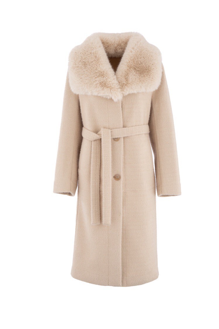 Italy Soft義大利奶油杏色雙色毛料紋路Vegan皮草兩面穿長大衣