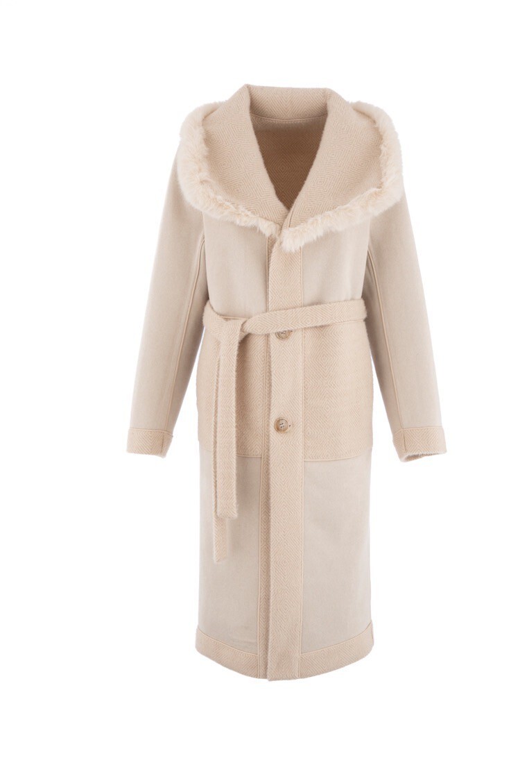 Italy Soft義大利奶油杏色雙色毛料紋路Vegan皮草兩面穿長大衣