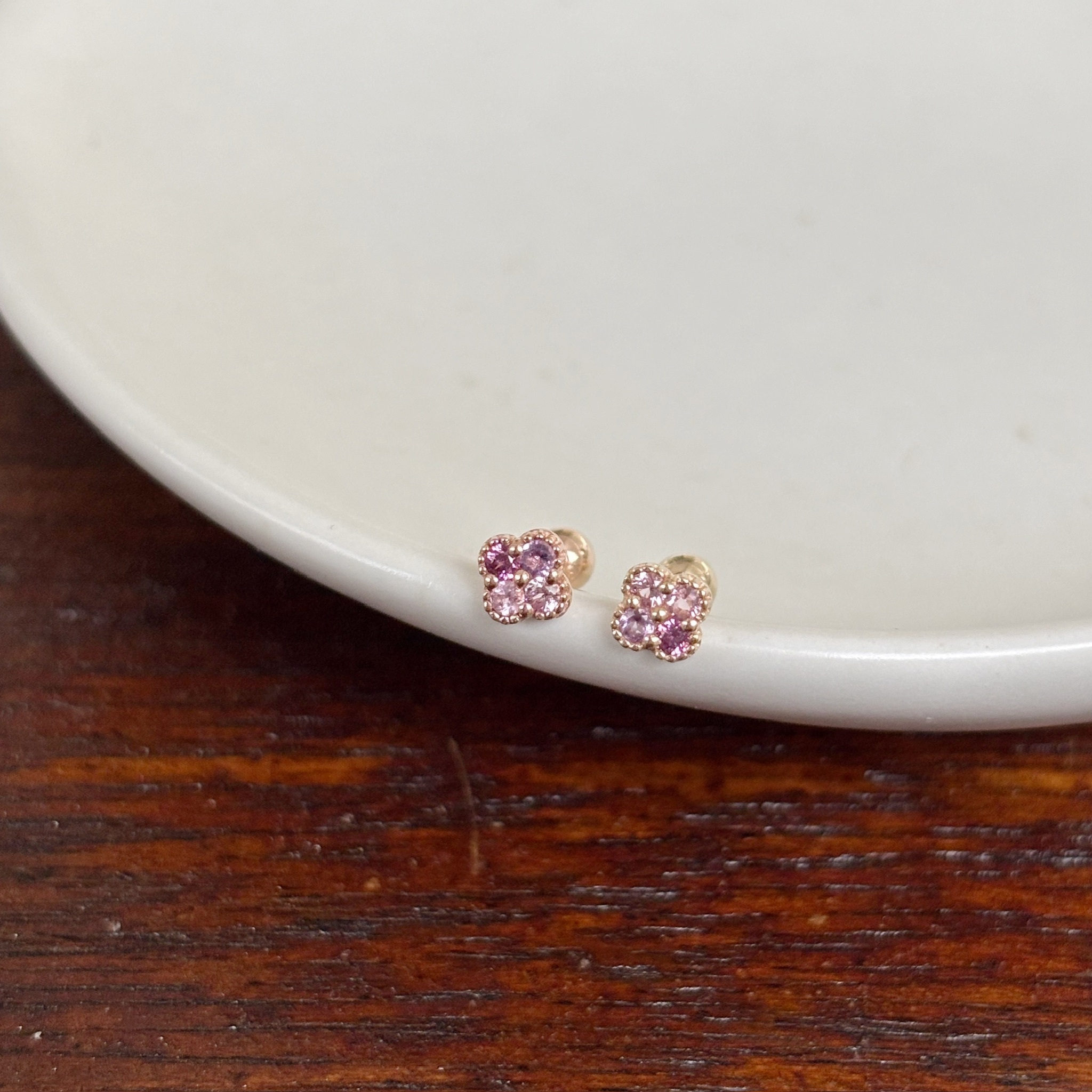 14K四葉草粉紫系寶石轉珠耳環