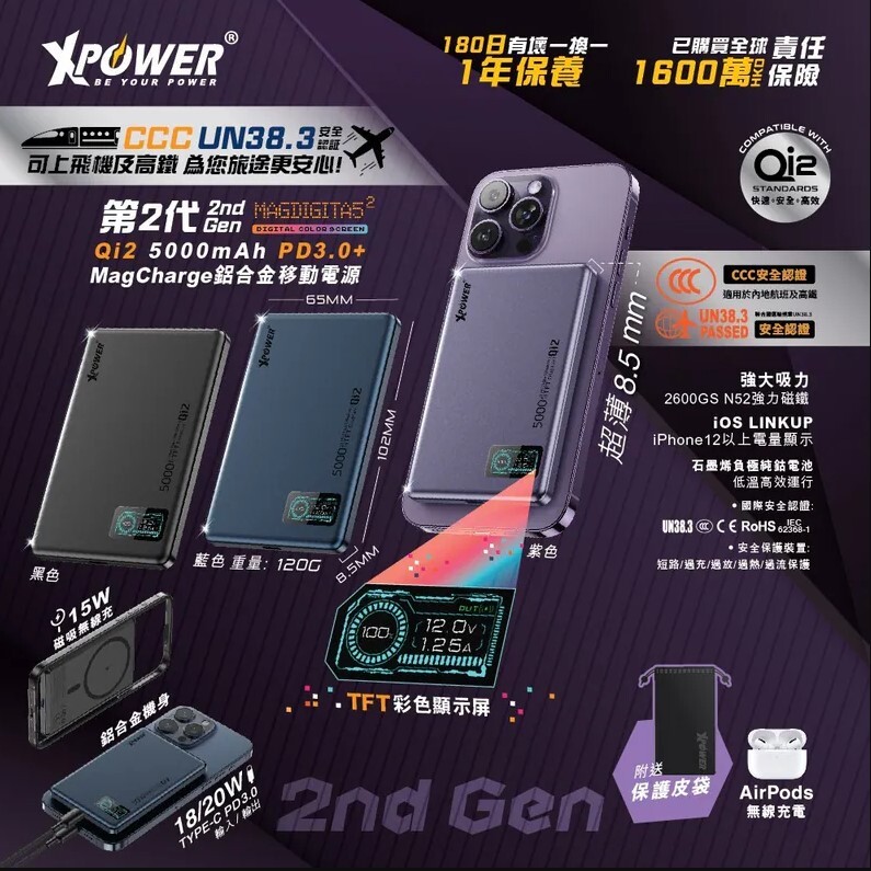 (3C認證版)(鋁合金面)XPower MagDigita5² 第2代彩屏顯示磨沙玻璃外殼 5000mAh PD3.0+QI2 磁吸移動電源
