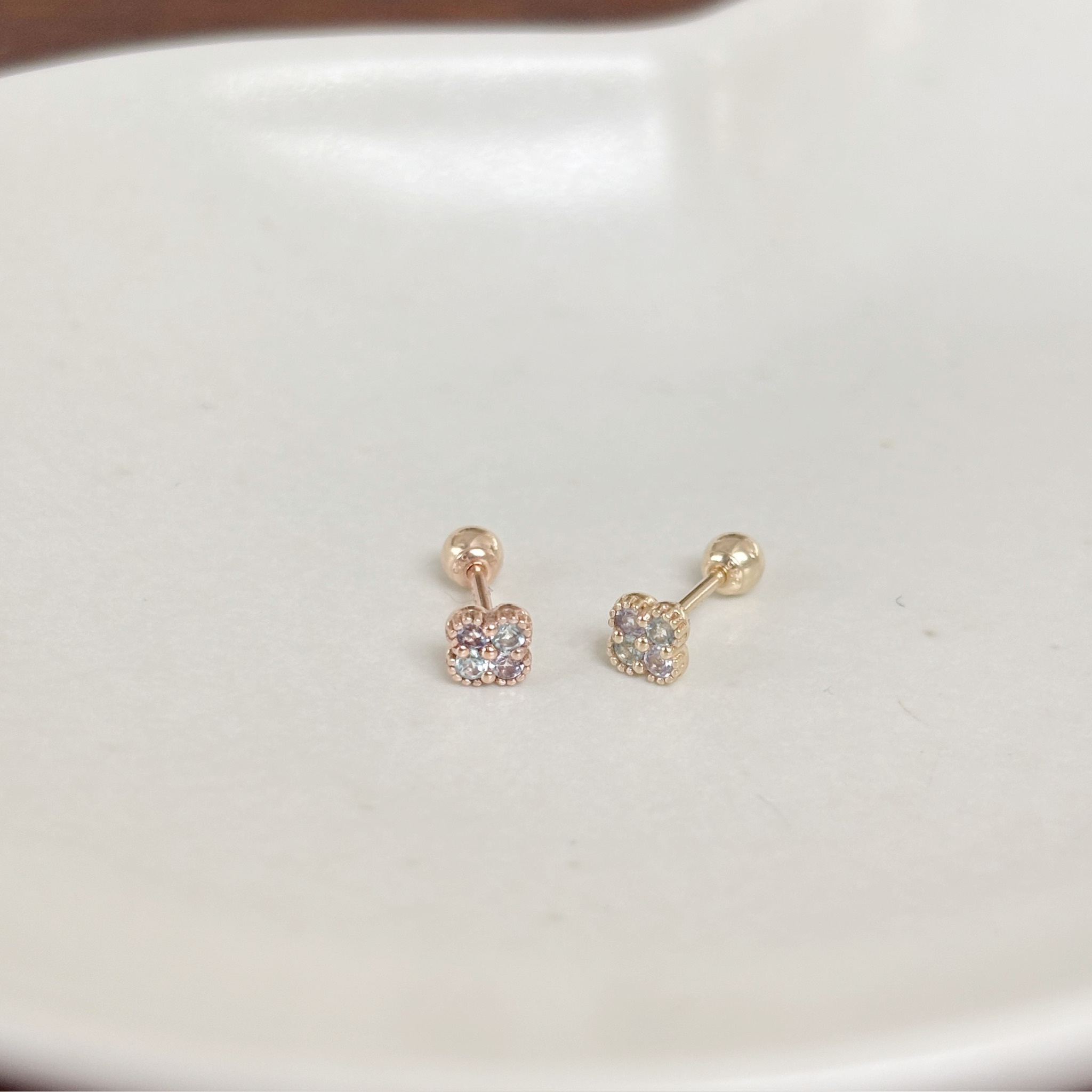 14K四葉草藍色系寶石轉珠耳環