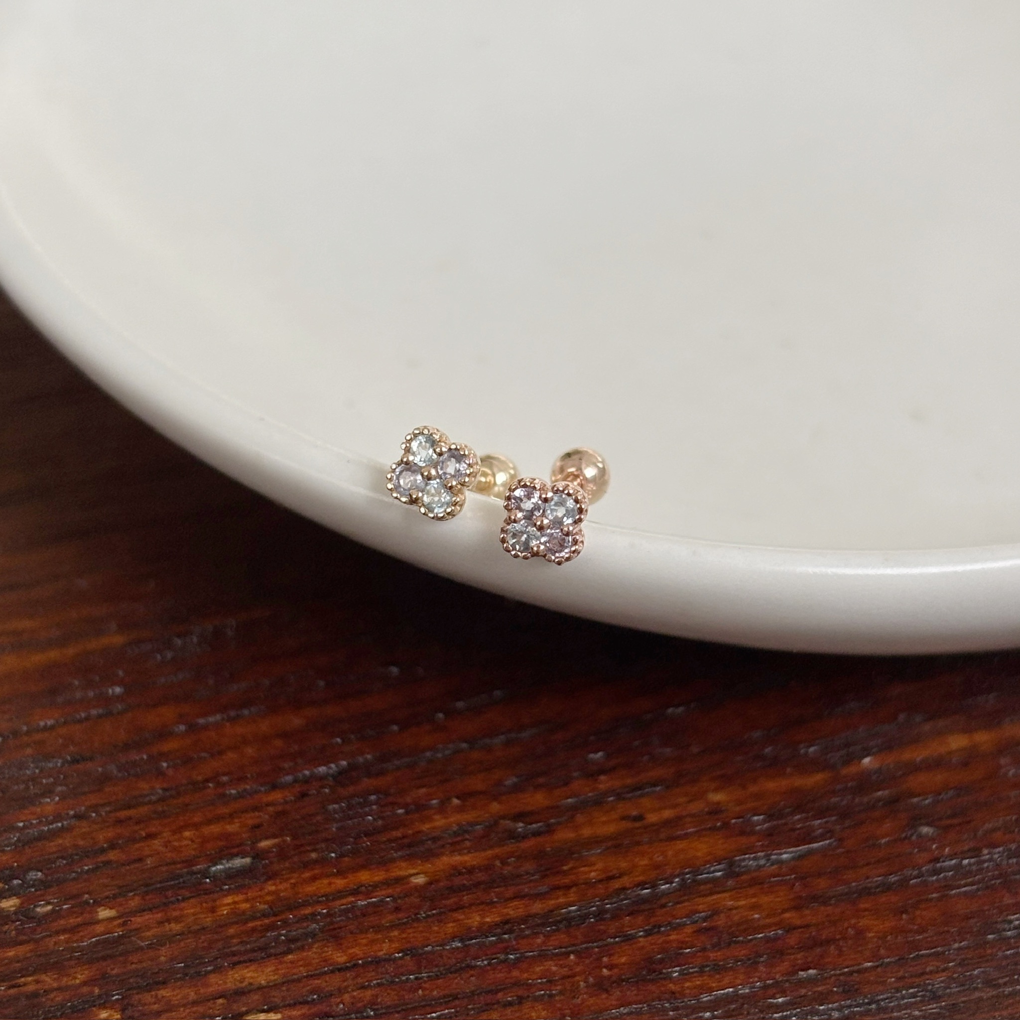 14K四葉草藍色系寶石轉珠耳環