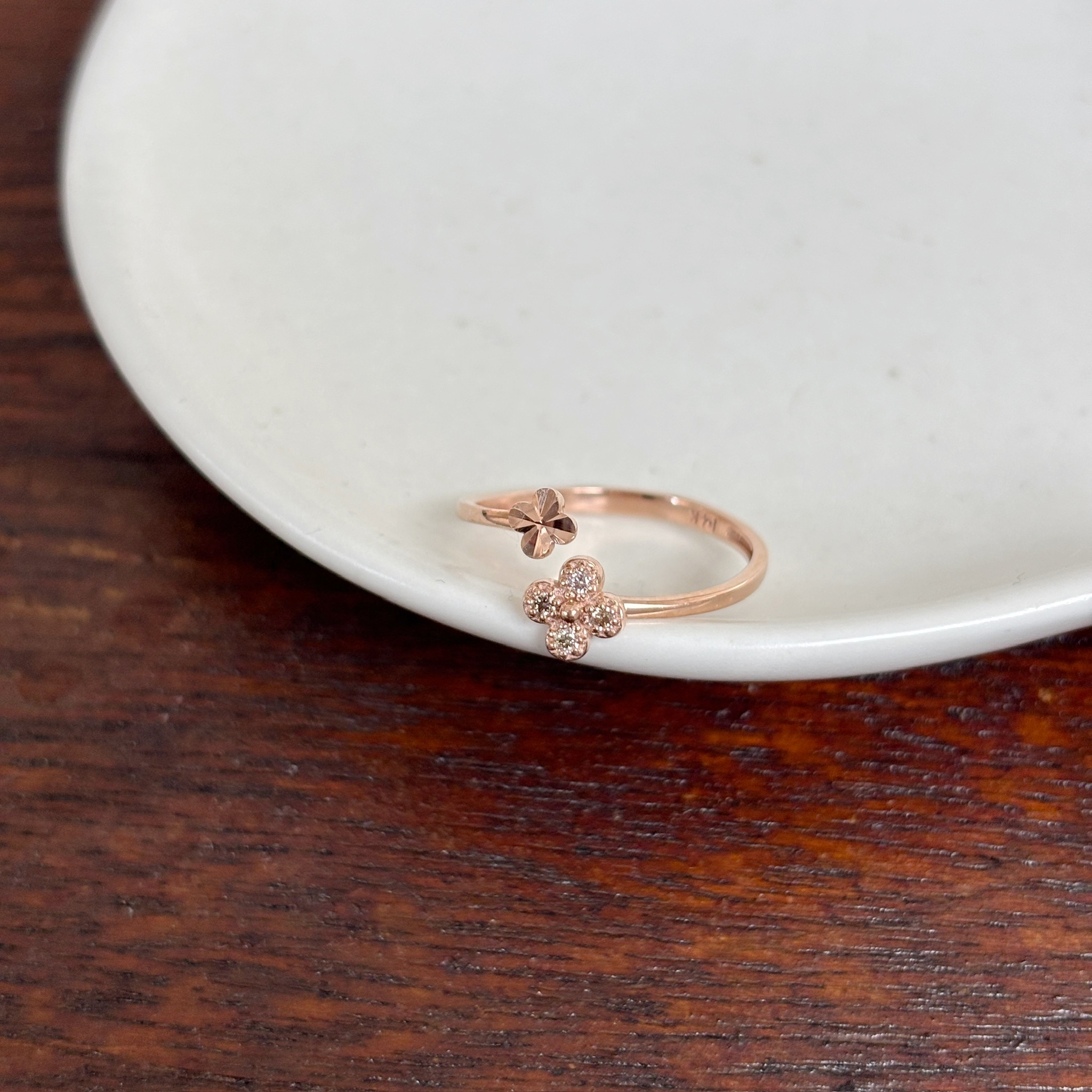 14K閃閃四葉草亮棕鑽可調戒指