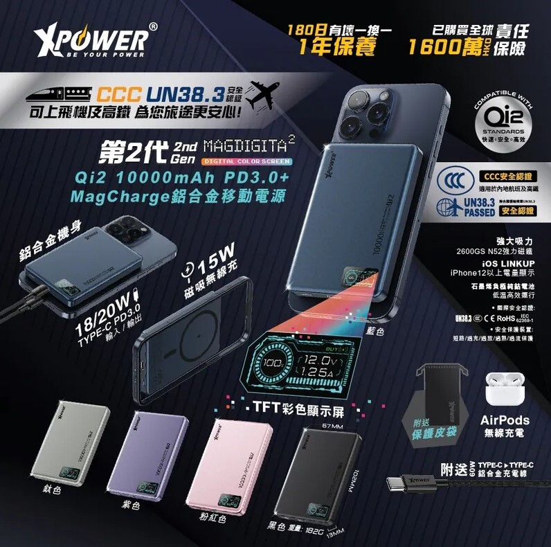 (3C認證版)(鋁合金面)XPower MagDigita² 第2代 彩屏顯示10000mAh PD3.0+QI2 磁吸移動電源
