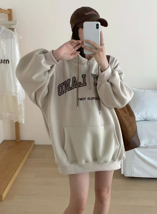 前拉鍊英文刷毛連帽衣