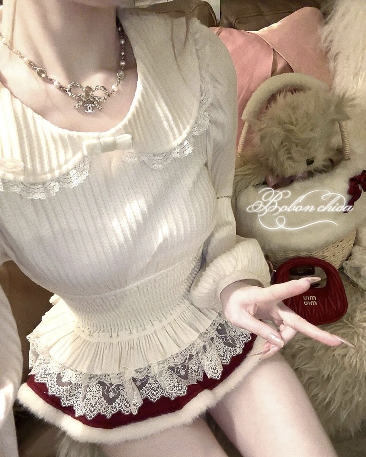 設計師家細針織圓領收腰拼接蕾絲上衣