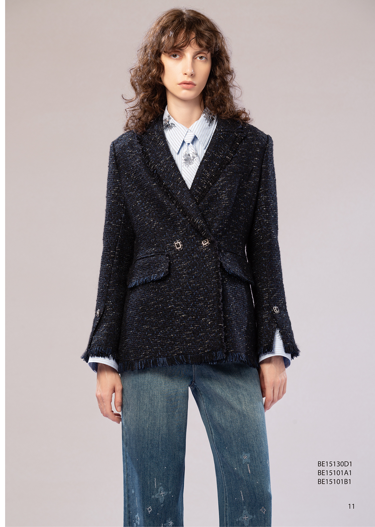 BE15130D2 藍夜織序粗花呢流蘇邊外套