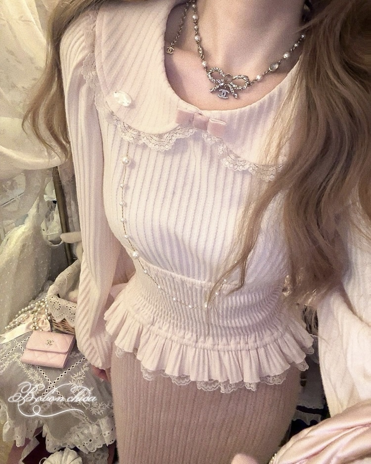 設計師家細針織圓領收腰拼接蕾絲上衣