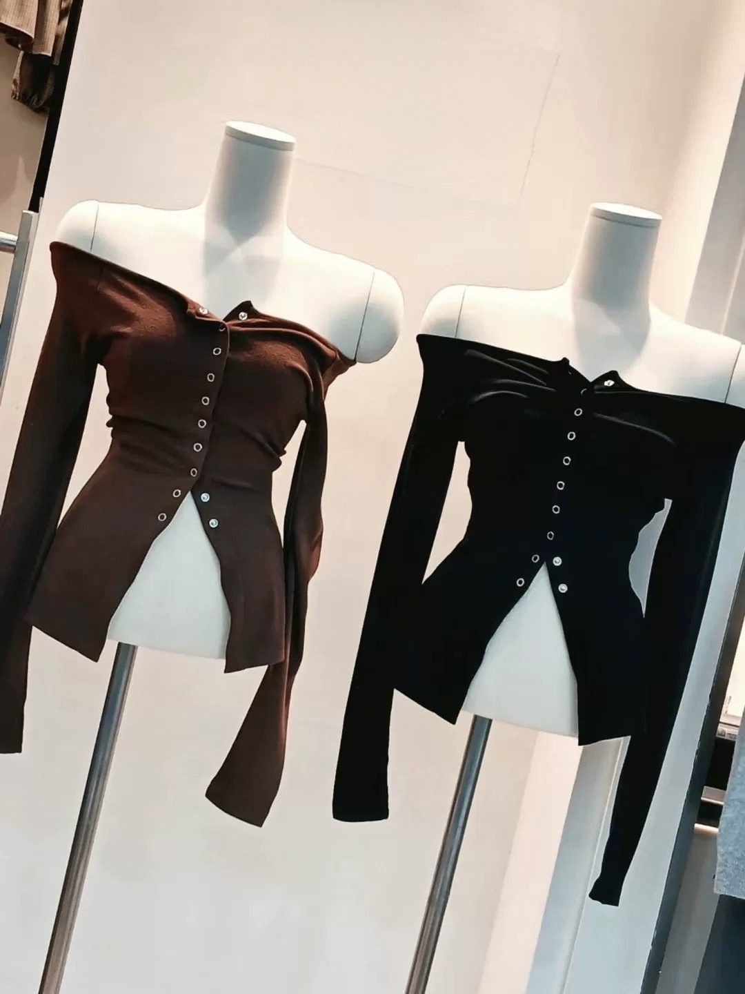 434 正韓一字領按釦開衫上衣