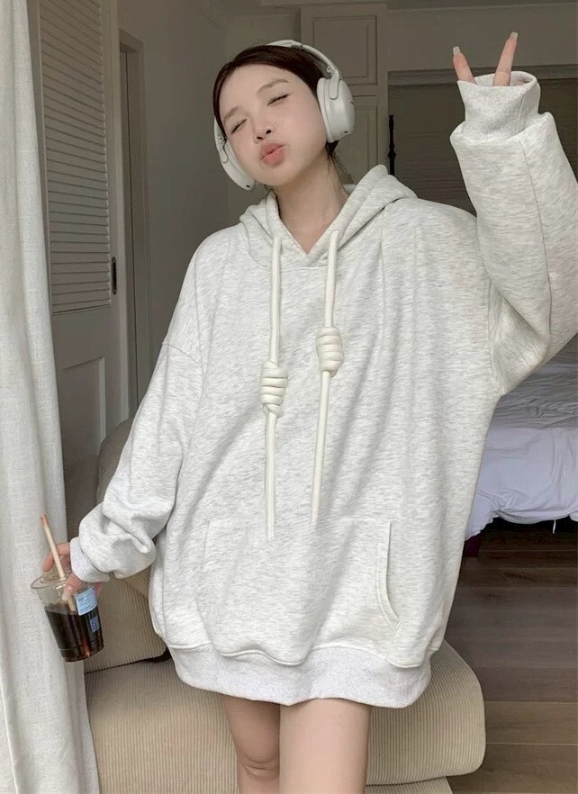圈繩口袋刷毛素面連帽上衣
