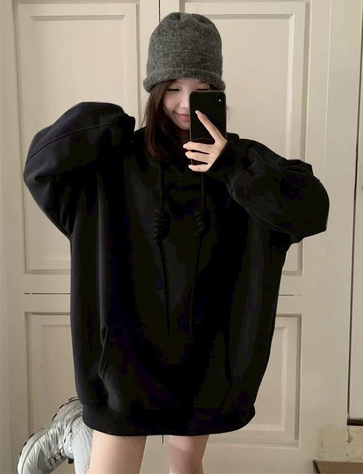 圈繩口袋刷毛素面連帽上衣