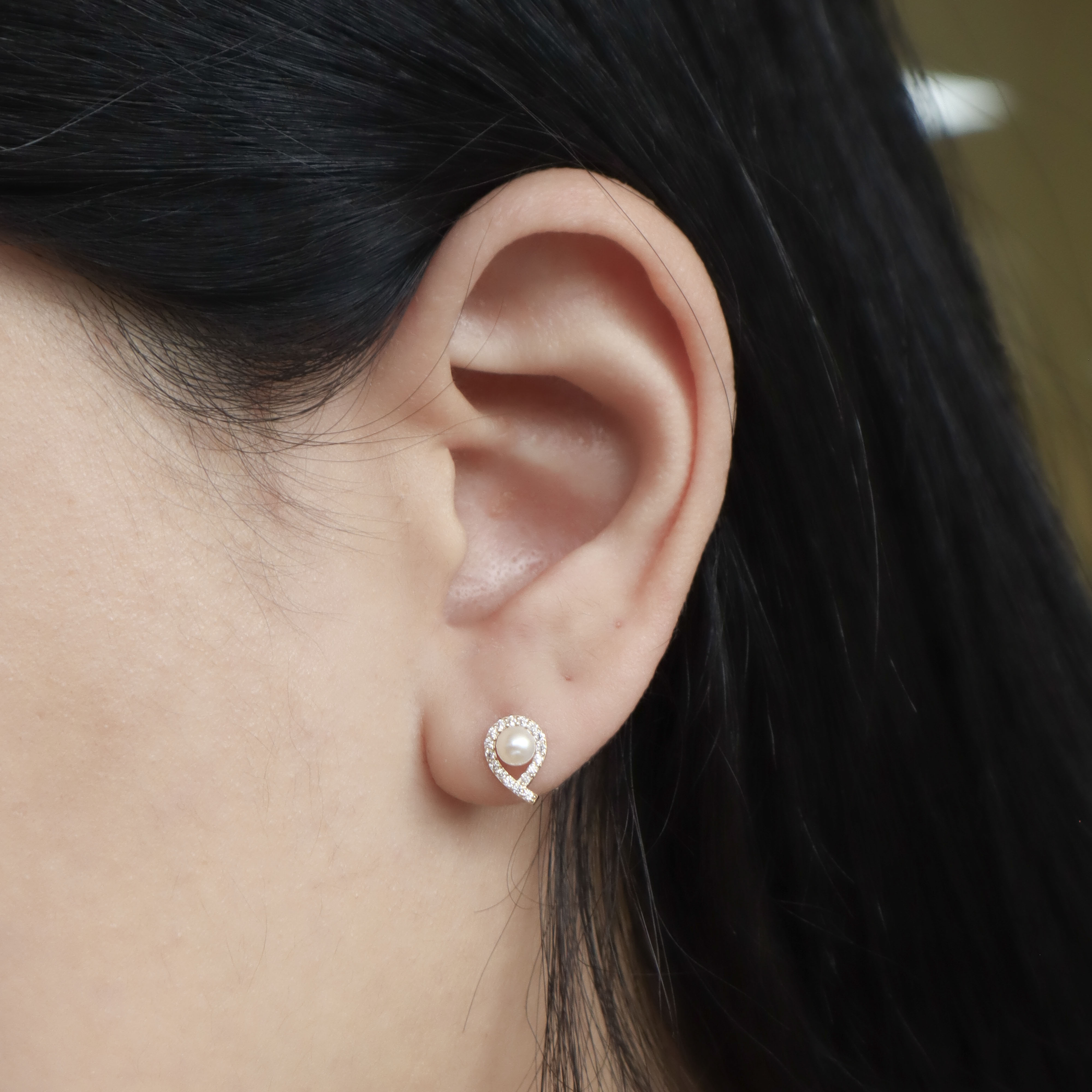 10K/柔滴鋯鑽珍珠耳環