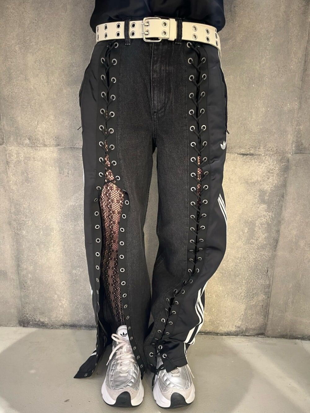 ADIDAS ORIGINALS DENIM FB RACING 中低腰 抽繩 棉質 牛仔 拼接 寬褲 長褲 水洗灰 灰黑 女款 KS3878 / 預購