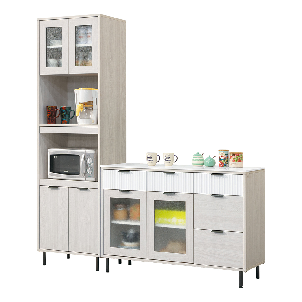 黛比6尺岩板L型收納餐櫃組合(2尺高電器櫃+4尺碗盤置物矮櫃)