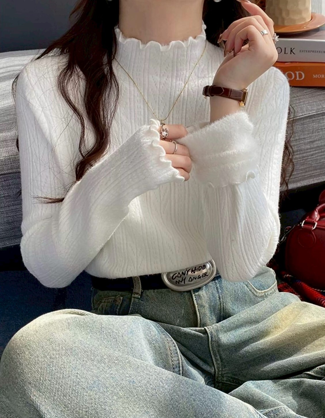 捲邊直紋刷絨針織衣