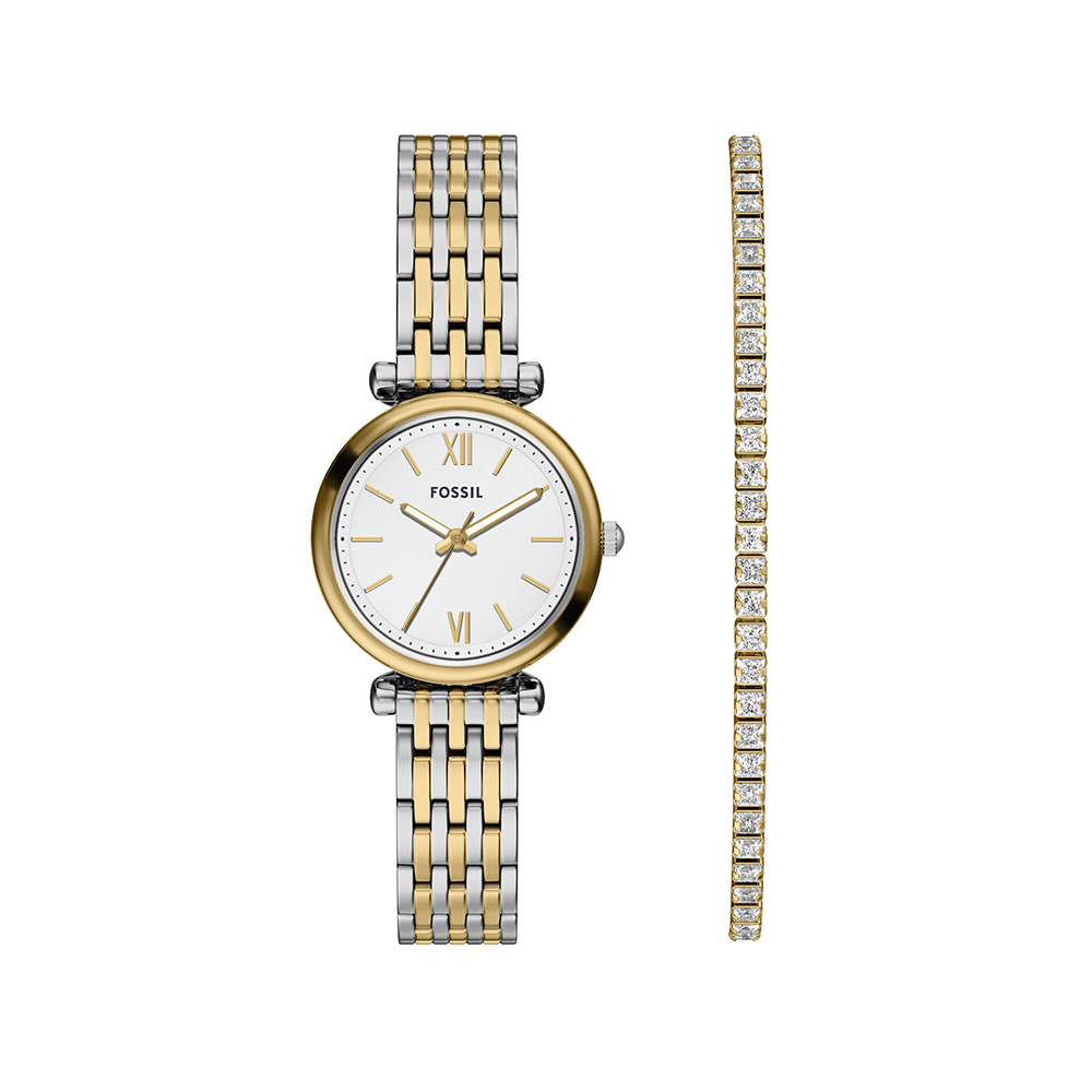 Carlie 優雅金銀羅馬時刻手錶手鍊套組 金銀色不鏽鋼錶帶 28 MM ES5450SET
