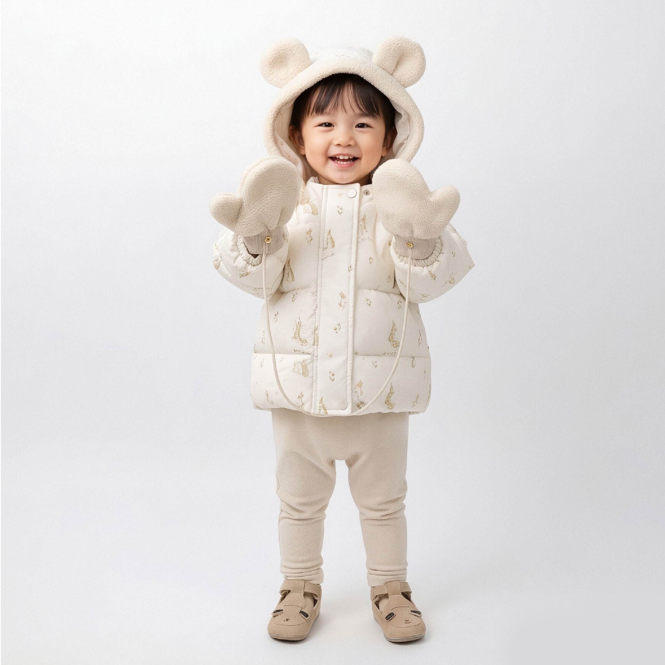 【H55696】滿版花園兔兔連帽羽絨外套(附手套)