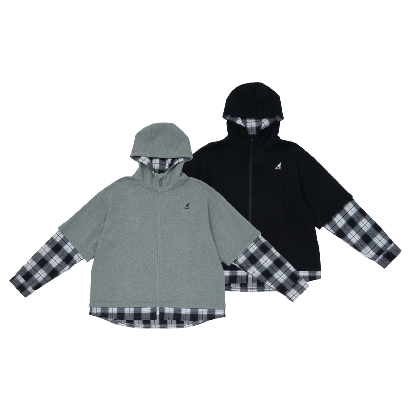 男女款 KANGOL JACKET 黑色 灰色 格紋 印花 英國 袋鼠 中性 假兩件 長袖 帽T 外套【64551422】