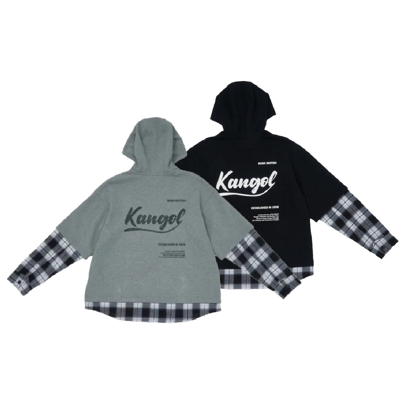 男女款 KANGOL JACKET 黑色 灰色 格紋 印花 英國 袋鼠 中性 假兩件 長袖 帽T 外套【64551422】