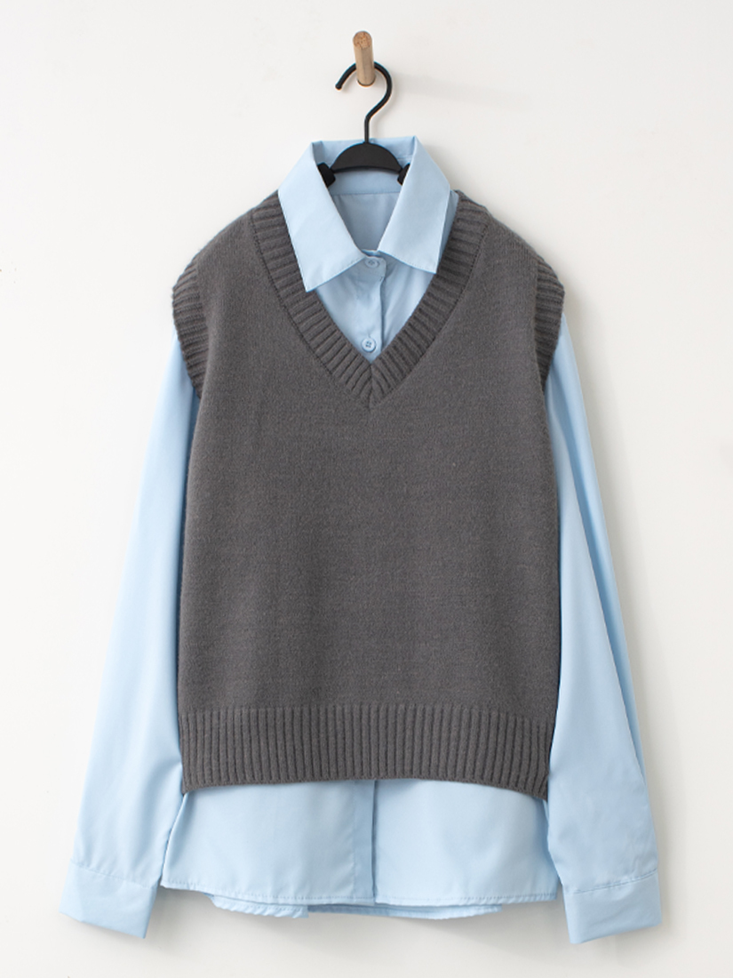 V領開衩針織背心襯衫兩件組
