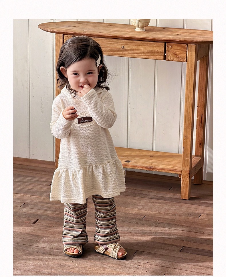 可愛長版連帽上衣/條紋微喇叭褲