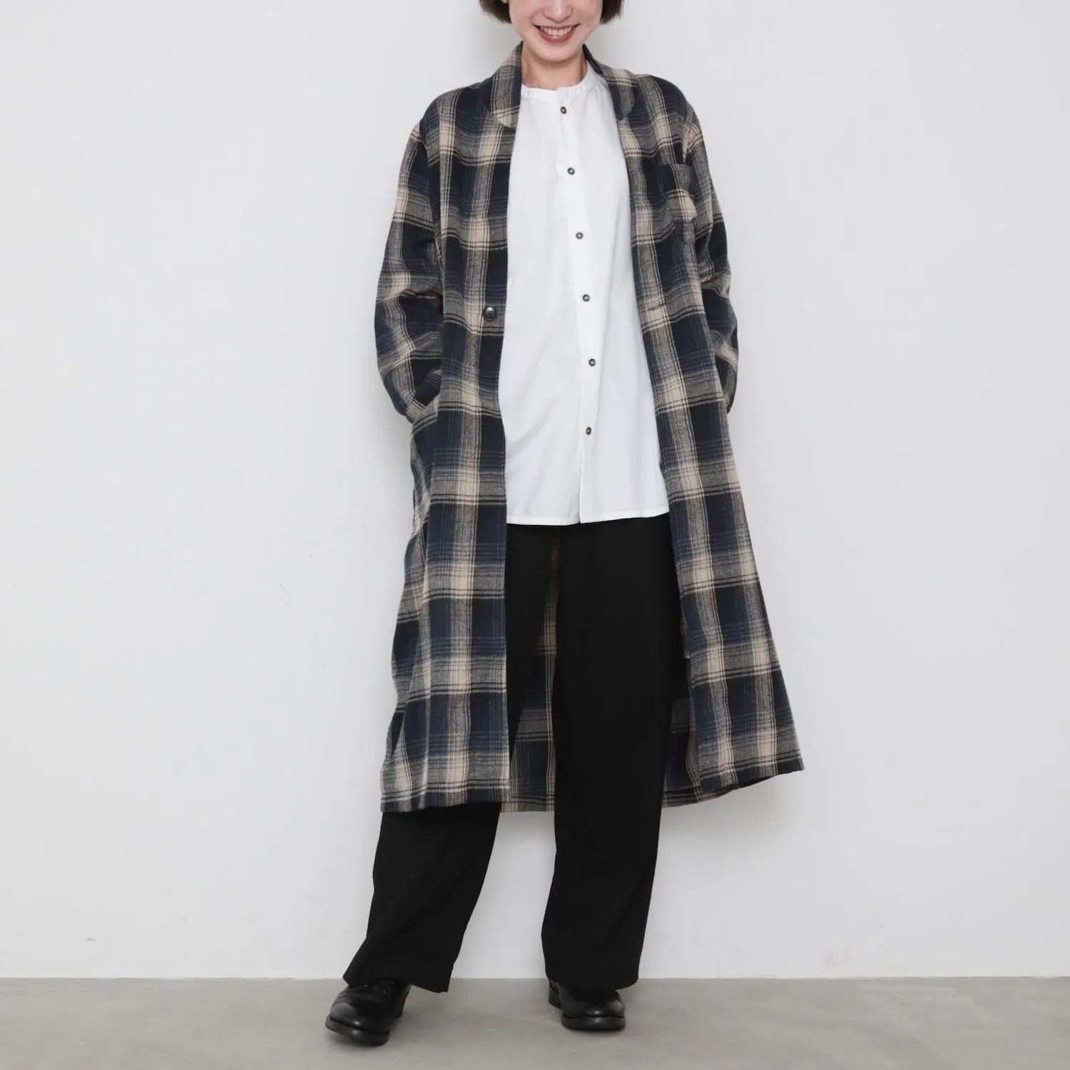 OMAKE.jp 單釦綁帶長外套Omagown 灰米格紋