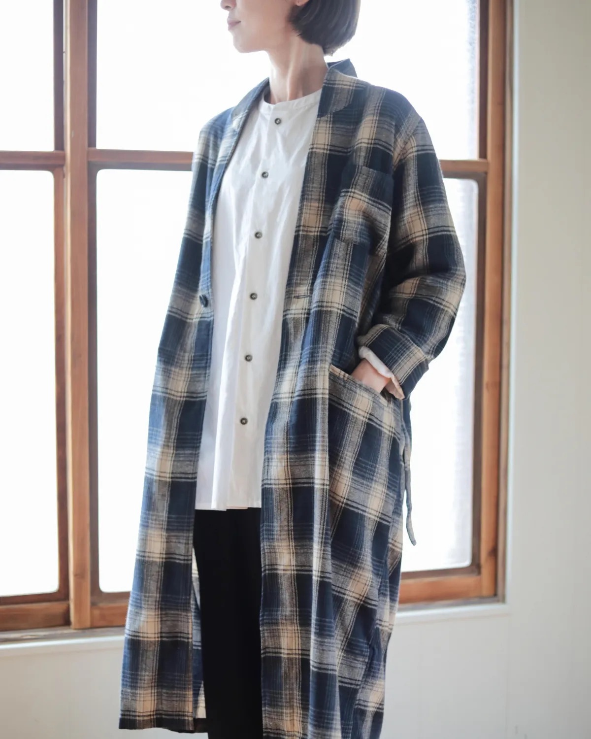 OMAKE.jp 單釦綁帶長外套Omagown 灰米格紋