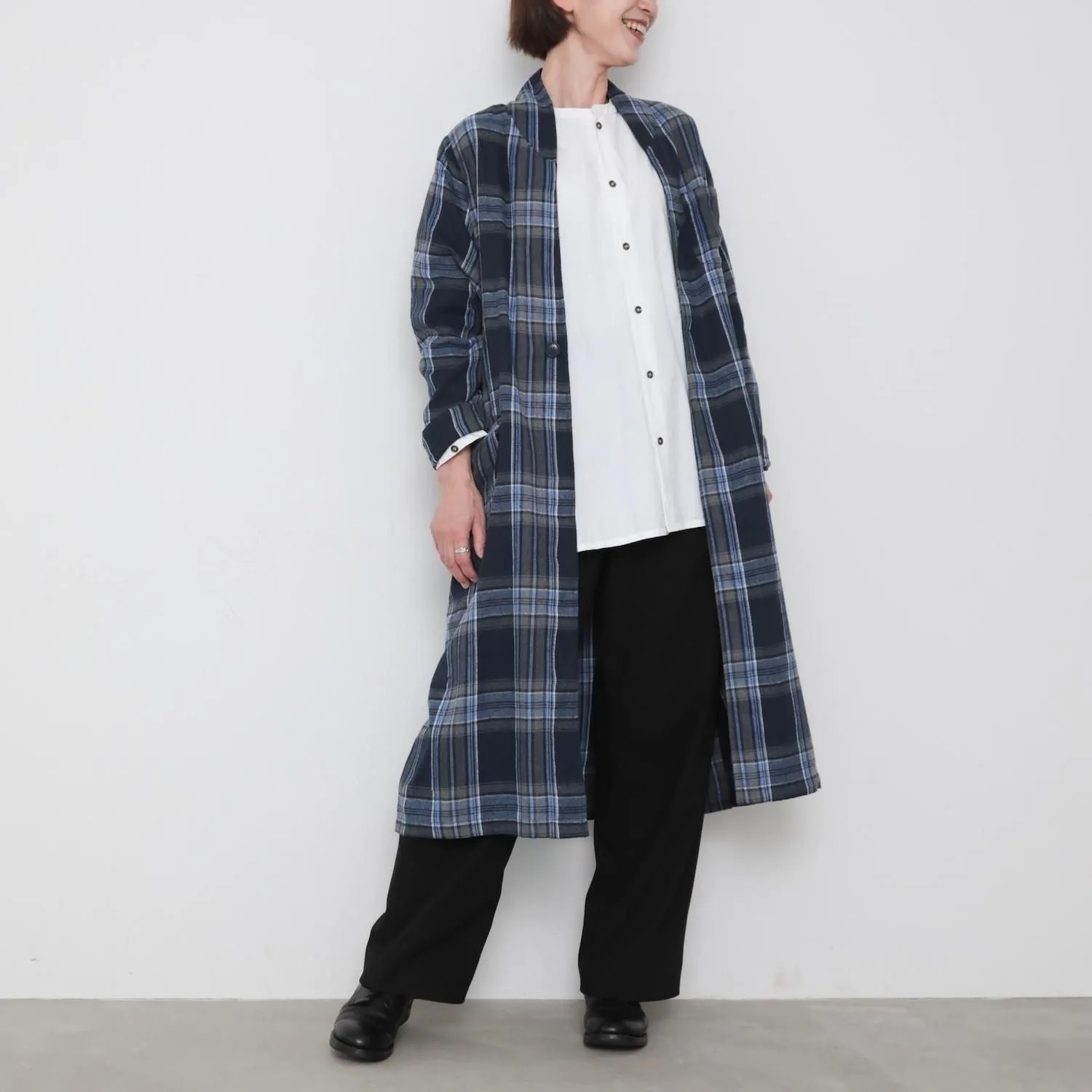 OMAKE.jp 單釦綁帶長外套Omagown 藍灰格紋