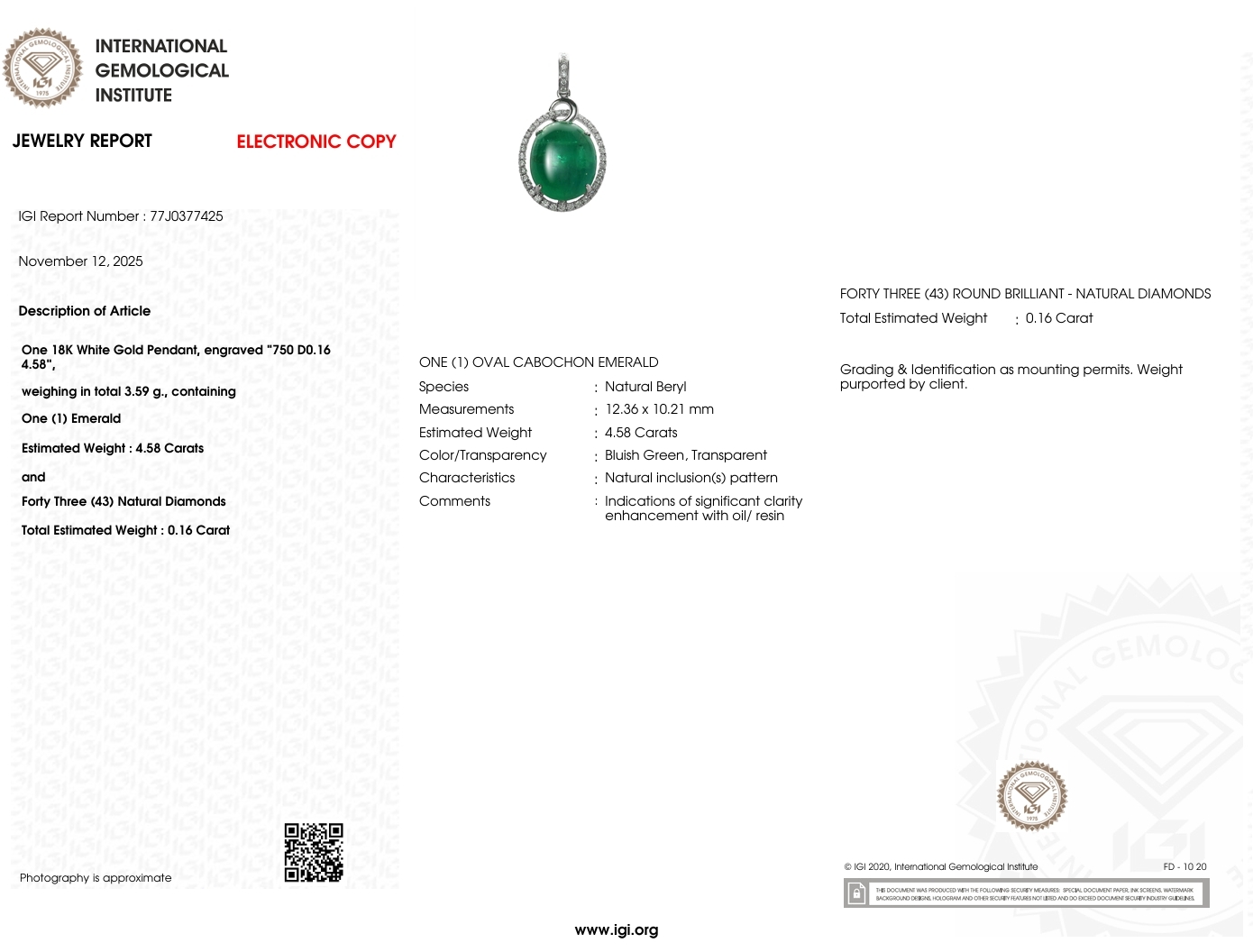 全新18K白金【單粒4卡58份綠寶石】配16份鑽石吊墜