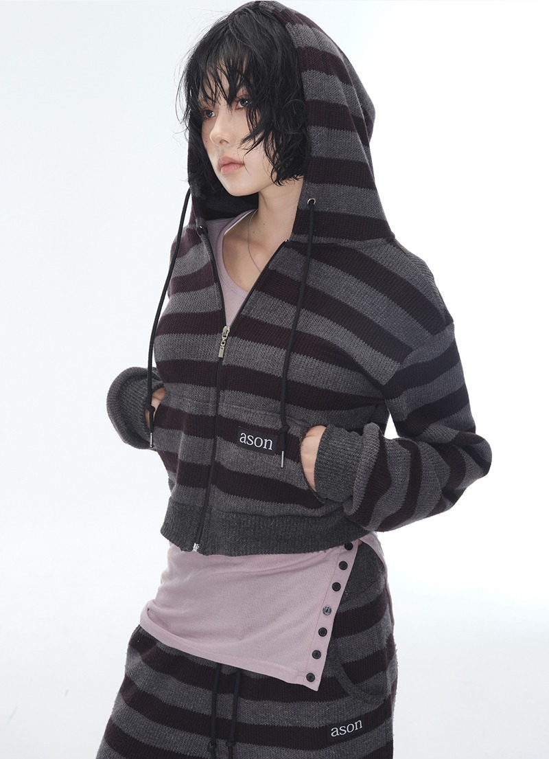 ASON COSY STRIPE HOOD ZIP-UP