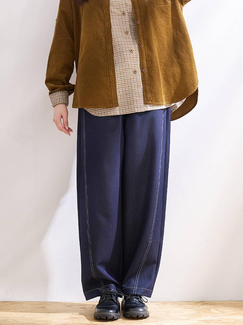 萊賽爾天絲棉綁帶剪接壓線直筒褲