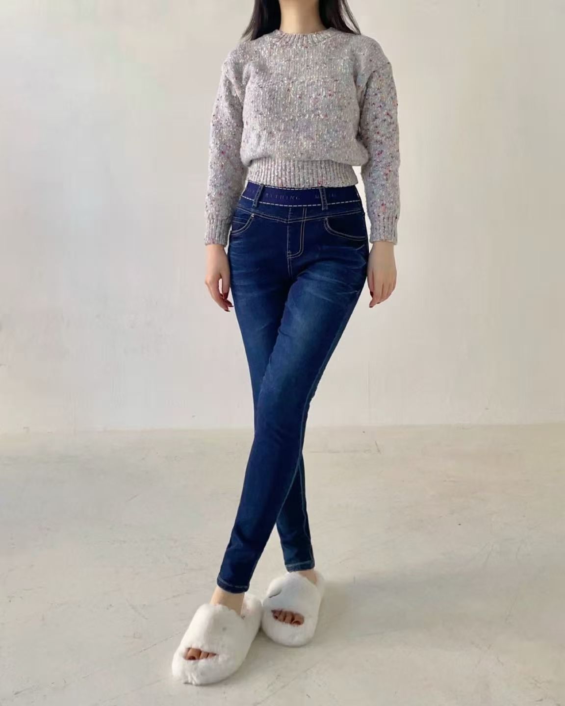 HL2571 鉛筆腿刷薄毛牛仔褲