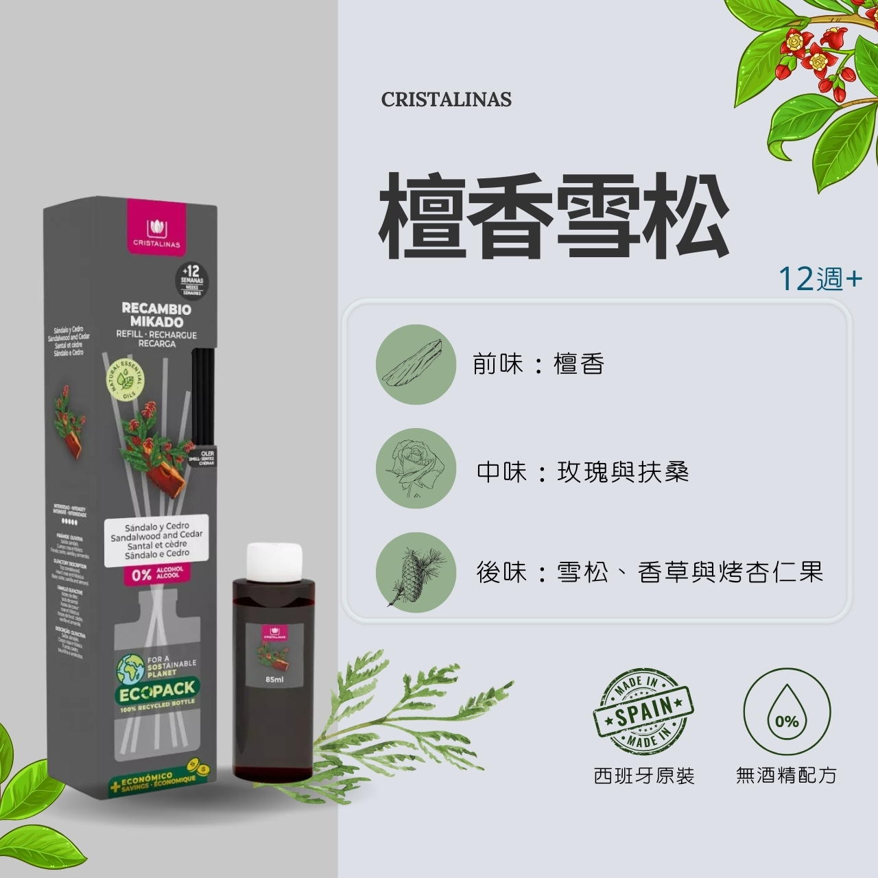 CRISTALINAS 經典室內擴香補充瓶(85ml) - 檀香雪松