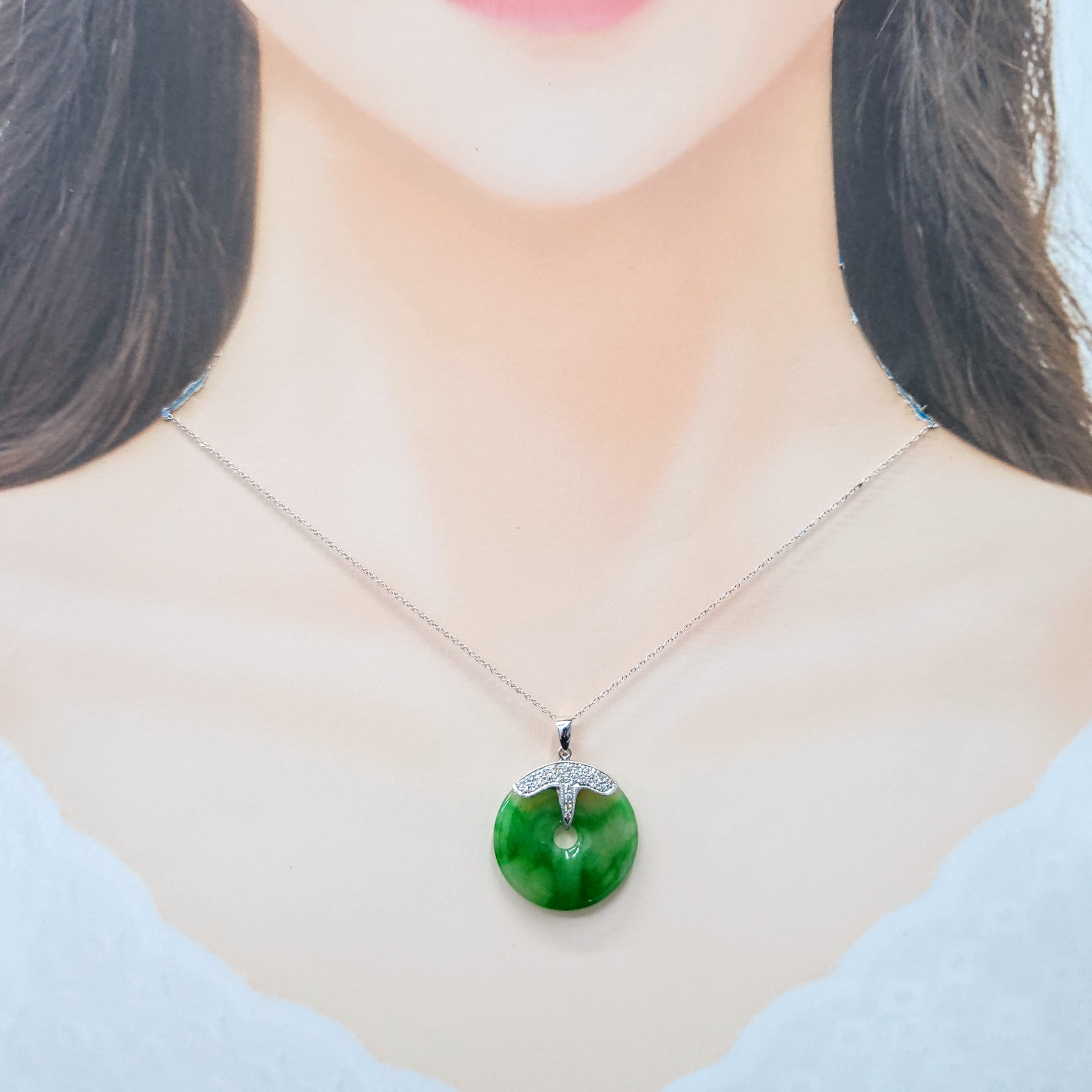 全新18K白金10份鑽石翡翠吊墜