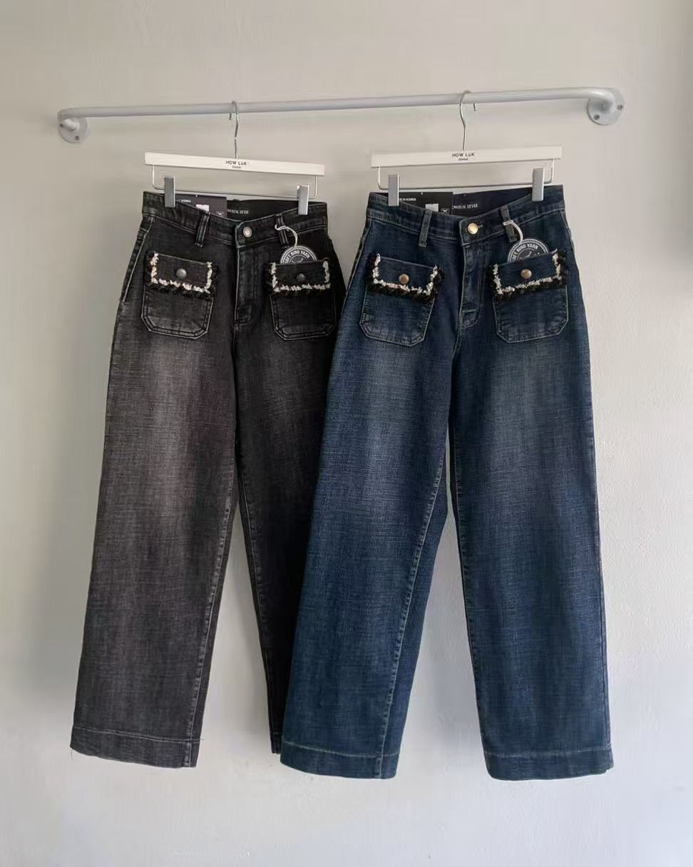 HL2570 花邊口袋薄毛牛仔褲