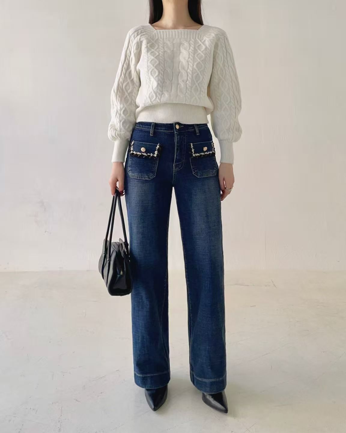 HL2570 花邊口袋薄毛牛仔褲