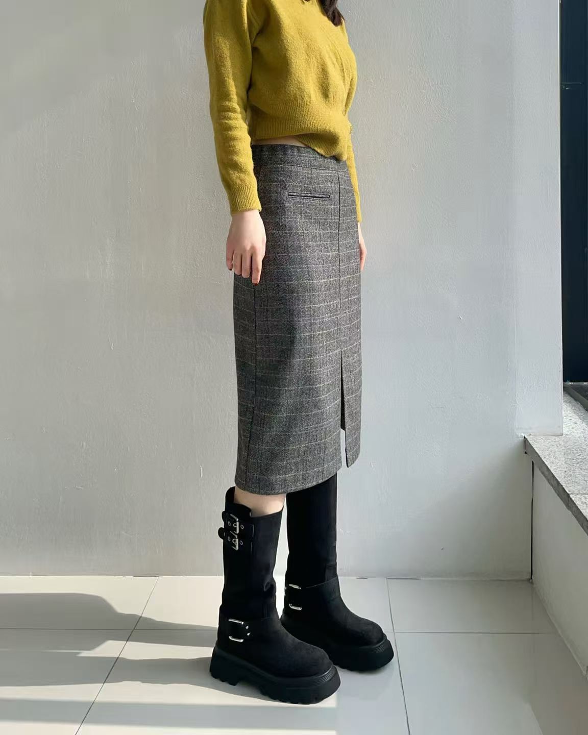 HL367 英倫格仔開叉半裙