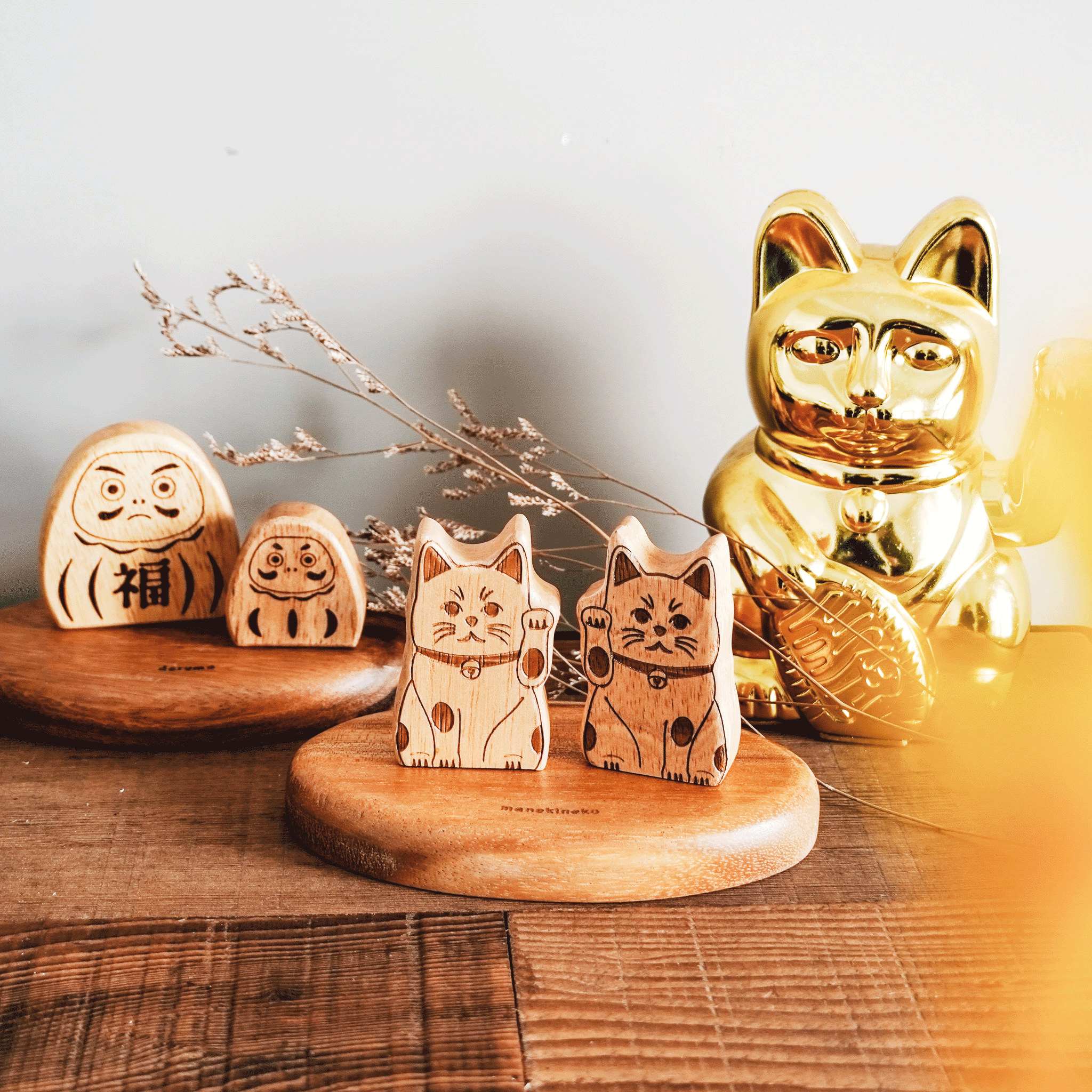 日本直送｜NEIN MARKE 原木擺件 木製達摩&招財貓