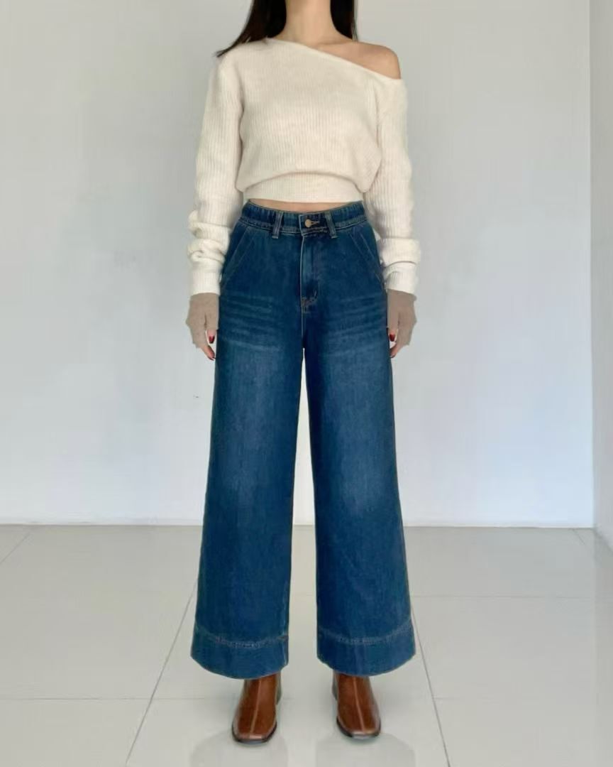 HL2569 闊腿刷薄毛牛仔褲