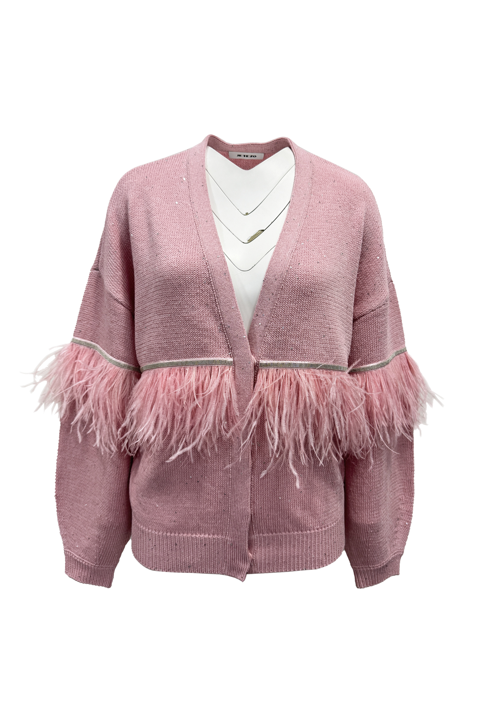 BE15230D1 柔羽霧粉V領開襟輕奢針織外套(禽鳥羽毛)