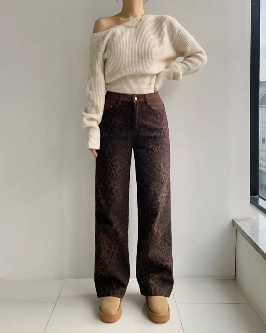 HL270 暗豹紋刷薄毛牛仔褲