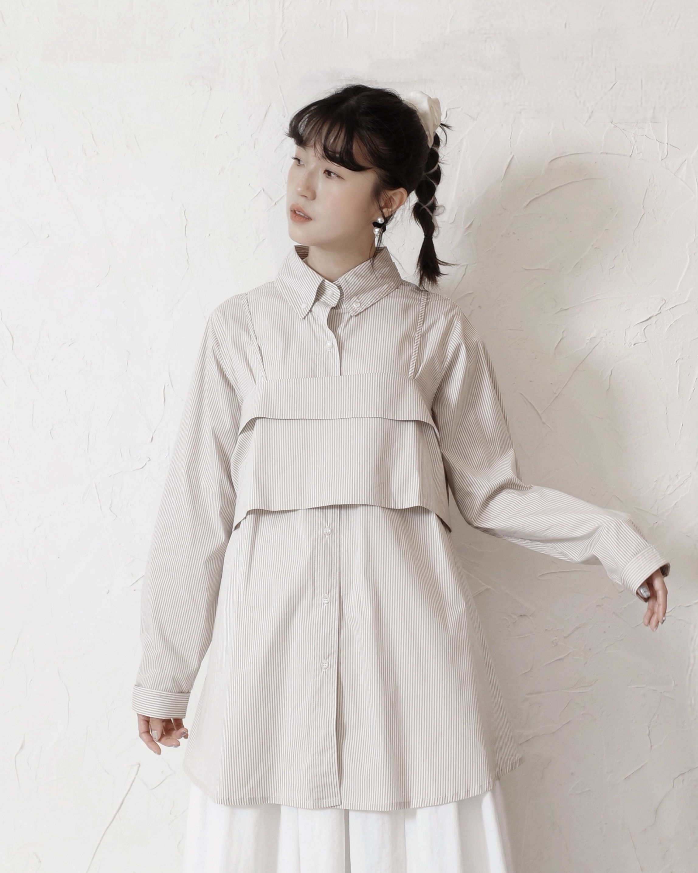 【 Kiki.co made 】Two-way shirt vest set - Beige Stripe