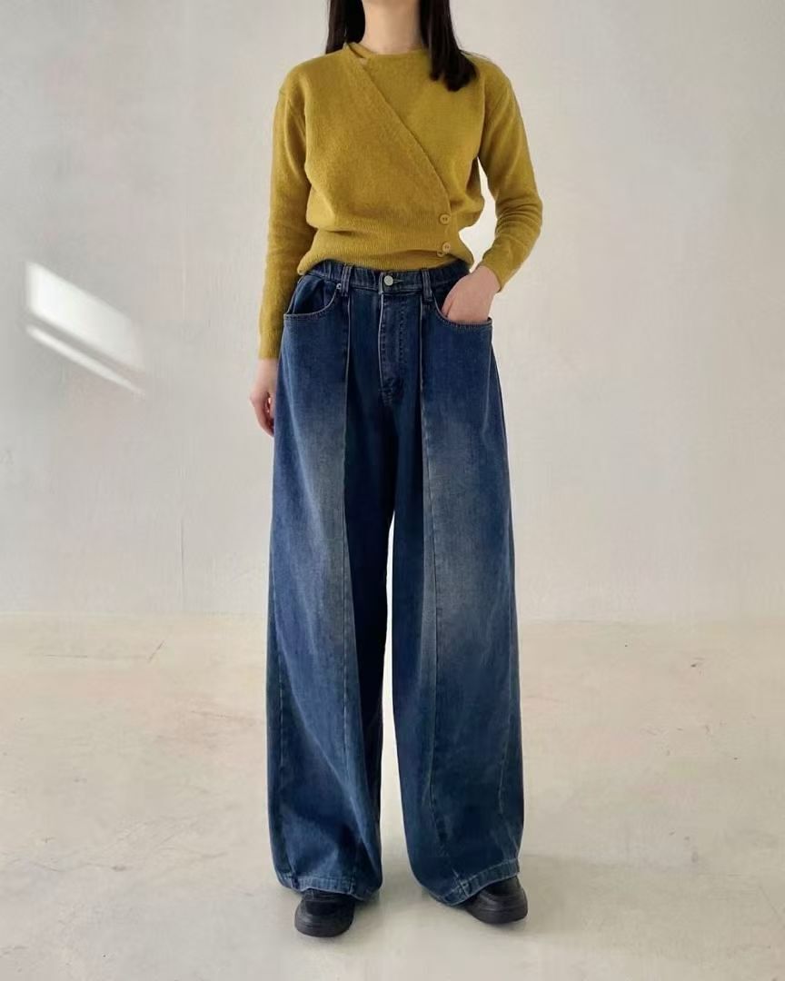 HL2567 水洗壓摺刷薄毛牛仔褲