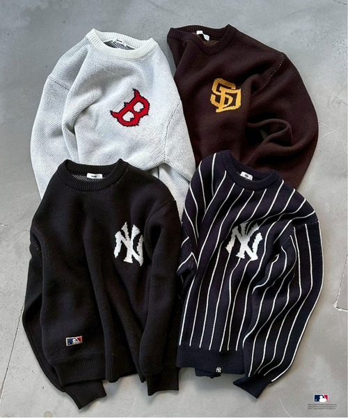 日本🇯🇵連線 Perushu x MLB 隊徽滾邊針織毛衣 寬鬆 落肩 4色(任買兩件711免運)/預購