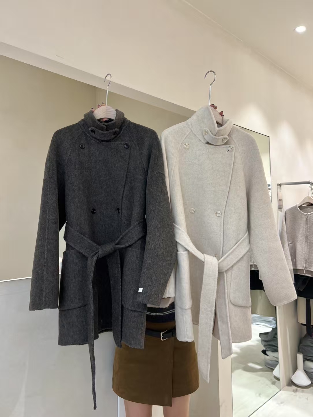 CB5324 雙排扣綁腰中長大衣